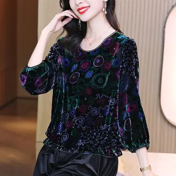 Golden Velvet Top Women’s Autumn Winter New Ladies Retro Print T-shirt Round Collar Long Sleeve Bottoming Shirt S-4XL