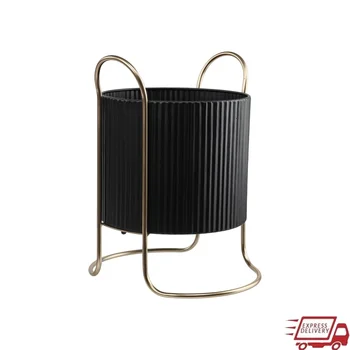 Black Metal Planter with Gold Stand Indoor Outdoor Drainage Durable Round Pot Suitable Foliage Simple Minimalist Design 1