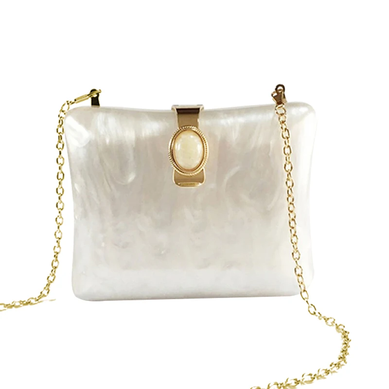 Luxury Brand Handbag Solid White Pearl Acrylic Evening Bags Chain