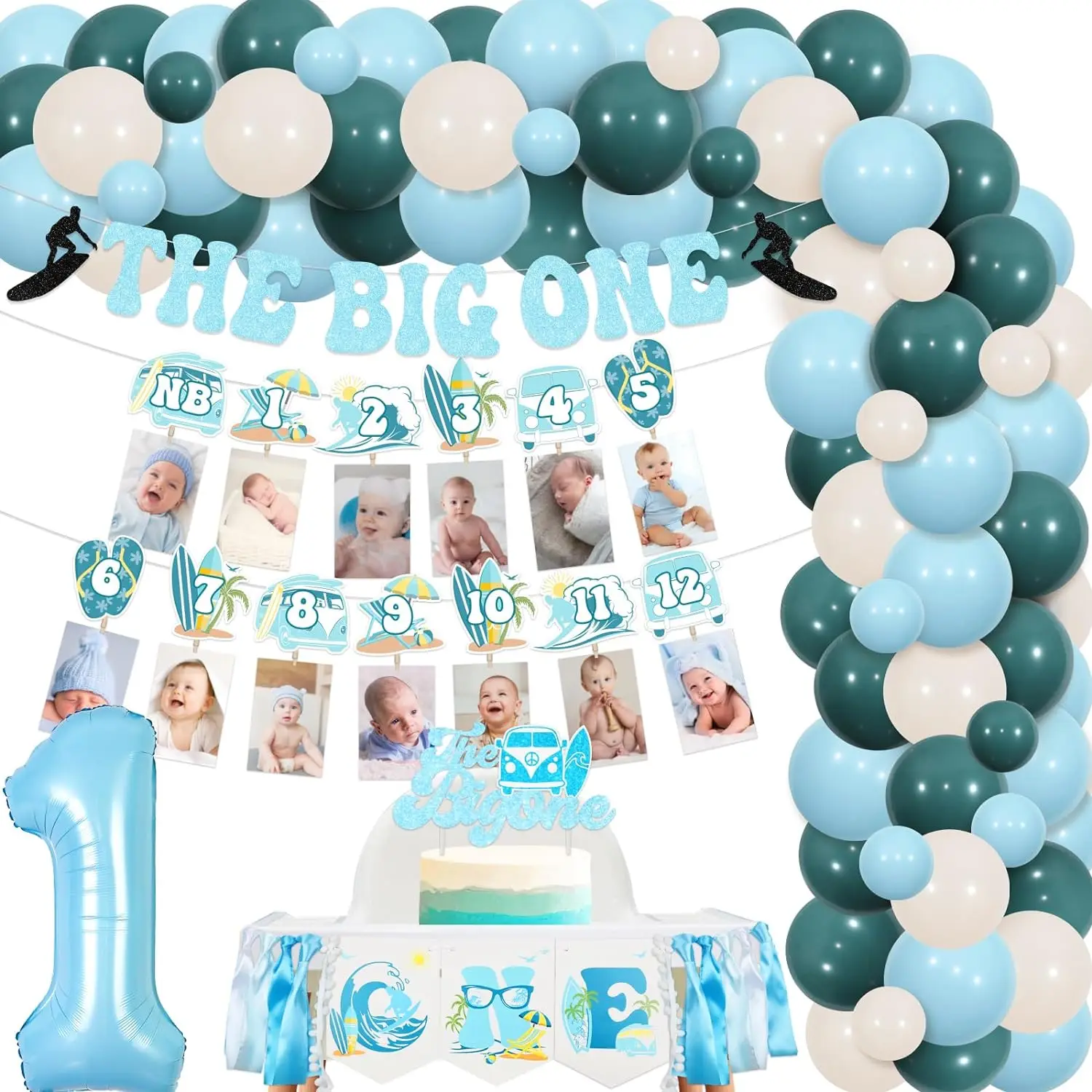 

Surfing 1st Birthday Decor Balloons Garland Arch Kit The Big One Photo Banner Cake Topper Summer Beach First Bday Party Supplies