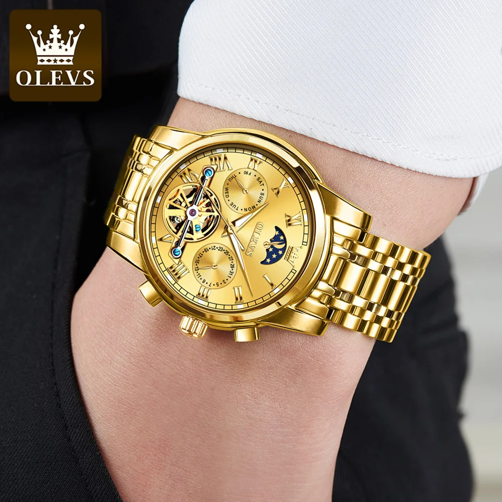 OLEVS 6617 Automatic Watch For Men Moon Phase Hollow Skeleton Mechanical Man Watch Auto Date Luxury Waterproof Dress Wristwatch
