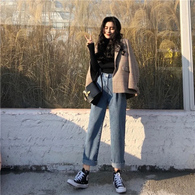 Korean Fashion Plaid Blazer 2024 Women Chic Single Button Casual Office Blazer Suit New Fairy Lady Work Formal Clothing Commute