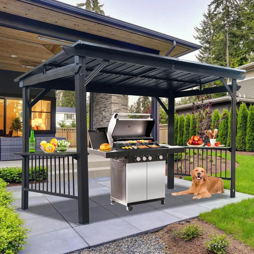 6.5x12FT Hardtop Grill Gazebo All-Weather BBQ Shelter with Side Shelves Ceiling Hooks Galvanized Steel Frame Outdoor Parties 2