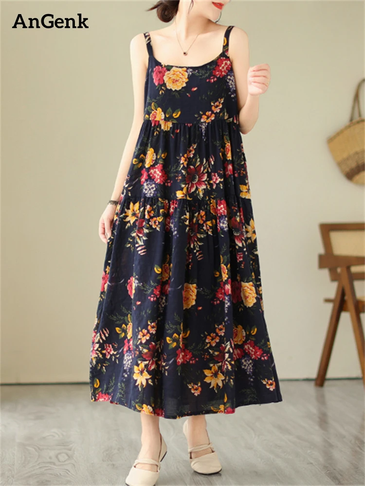 

Summer Cotton Spaghetti Strap Print Floral Vintage Long Dresses For Women 2023 New Casual Beach Dress Femme Robe Elegant Clothes