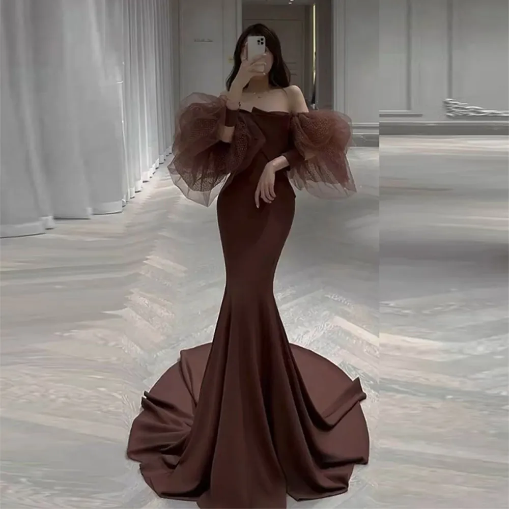

Sexy Off Shoulder Satin Mermaid Fluffy Tulle Long Sleeve Prom Dress Saudi Arabia with Train Formal Evening Dress Vestido De Gala