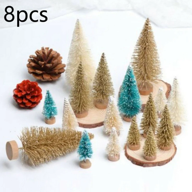 8pcs Mini Decorative Christmas Tree New Year 2024 Kids Gifts Desktop Xmas Tree Home Party Decor Navidad Sisal Silk Xmas Tree