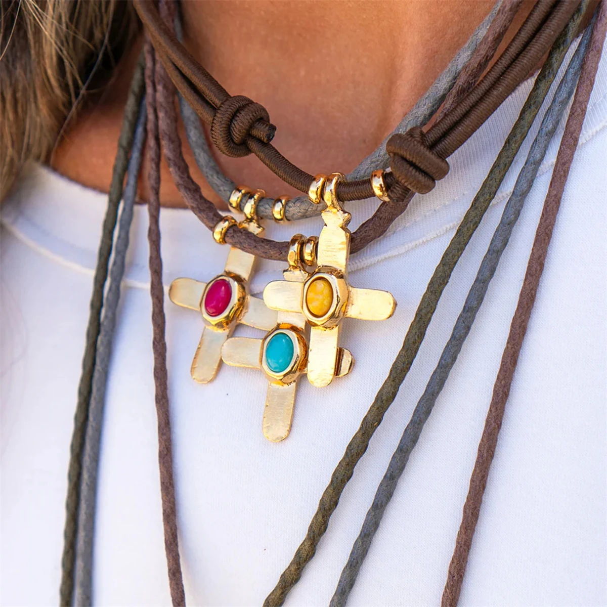 Elegant Gold-Plated Stone and Stainless Steel Cross Pendant