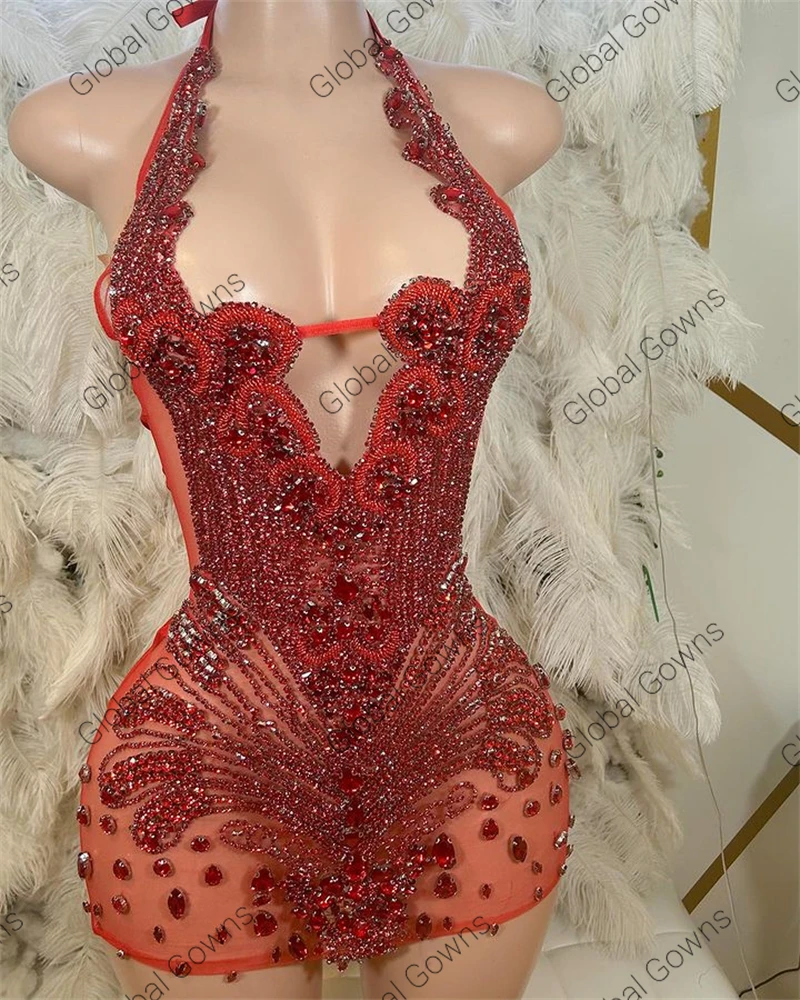 Red Diamonds Halter Short Prom Dresses Black Girls Sparkly Bead Rhinestone Crystal Birthday Mini Cocktail Party Dress Robe De