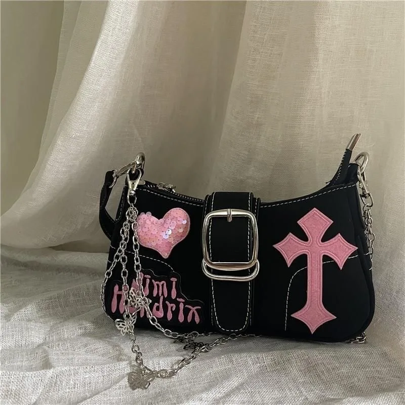 y2k pink cross black tote bag