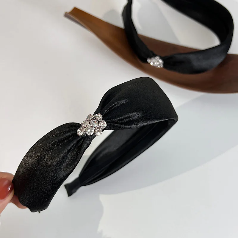 

Korean headband black diamond-studded satin textured headband retro elegant French hairhoop go out headwear