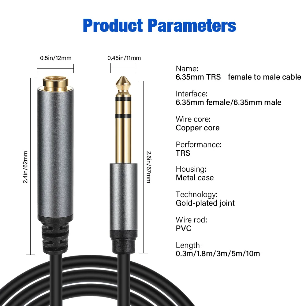 Premium Dual Channel Audio Extension Cable - 6.35mm Stereo for Amplifiers & Instruments