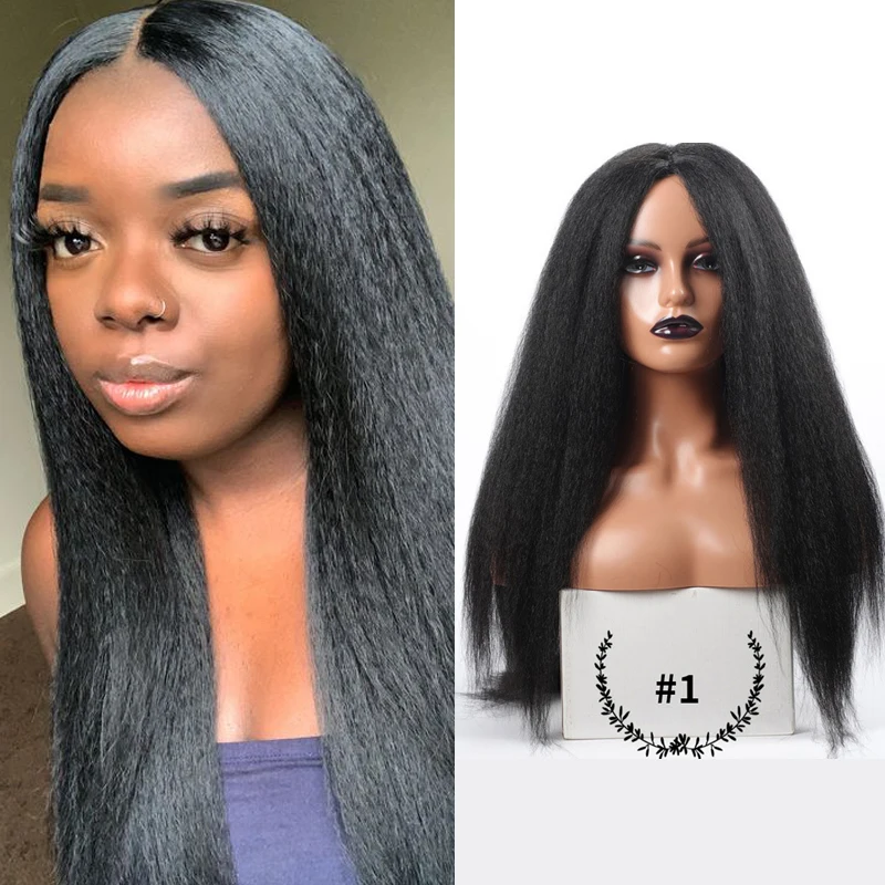 

Belle Show Afro Kinky Straight Wigs Synthetic 24 Inch Yaki Straight Hair Wigs Middle Part Brown Black Wigs For Women Use