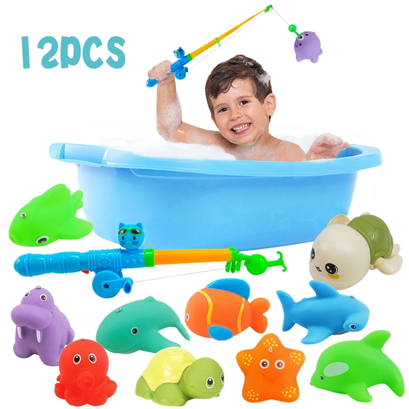 

12PCS Baby Bath Toys Bathtub Magnetic Fishing Toys Marine Animals Pinch On The Chain Swimming Turtle Set