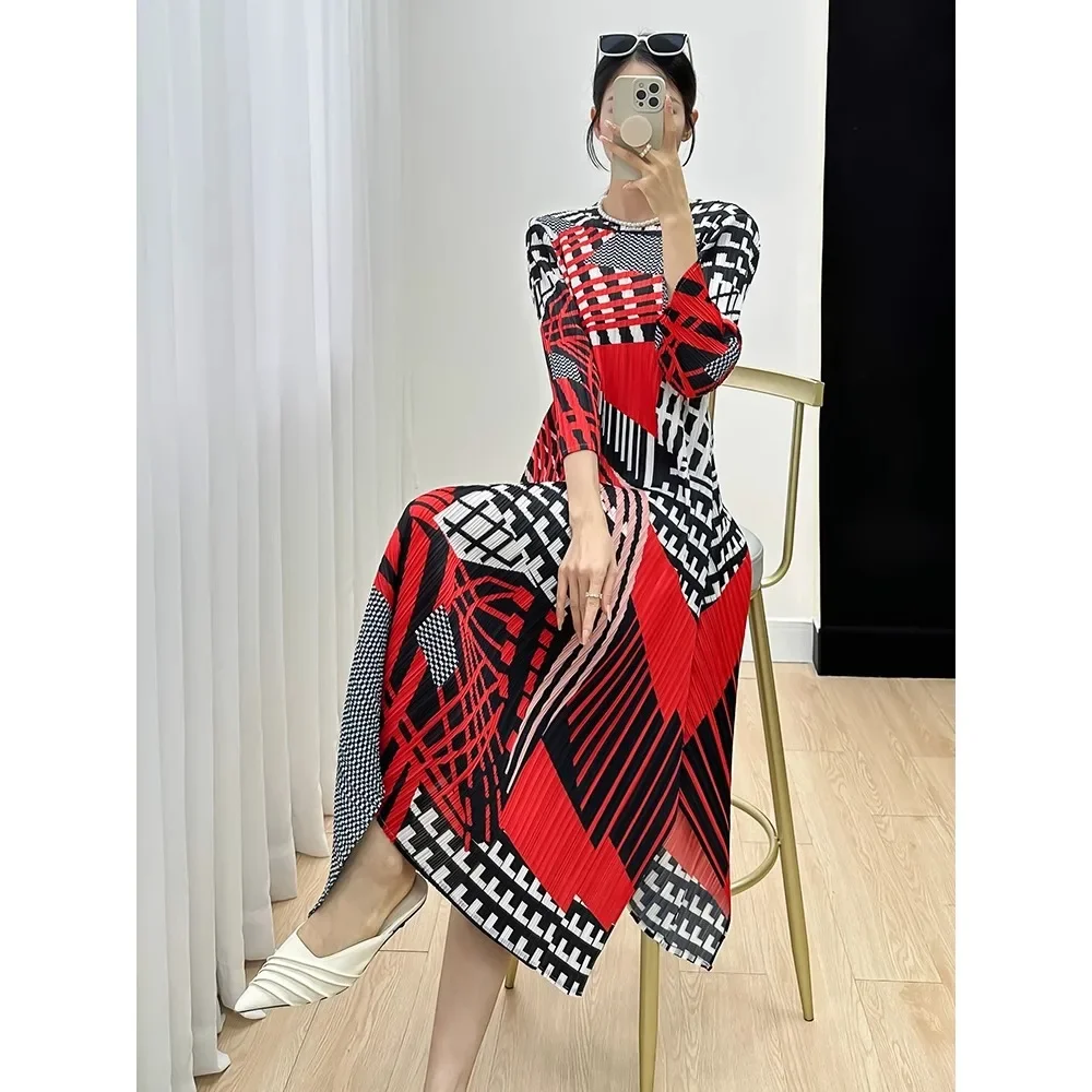 

Miyake Dress Fall New Retro Printed Seven Split Sleeve Loose Pleated Long Dress Large Size Women Temperament Casual Commuter