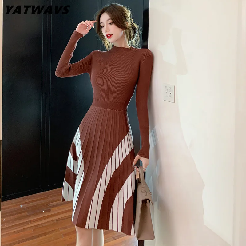 

YATWAVS Elegant Women Knitted Sweater Dresses Autumn Winter Long Sleeve Fashion Vintage Color Contrast Slim Pleated Party Dress