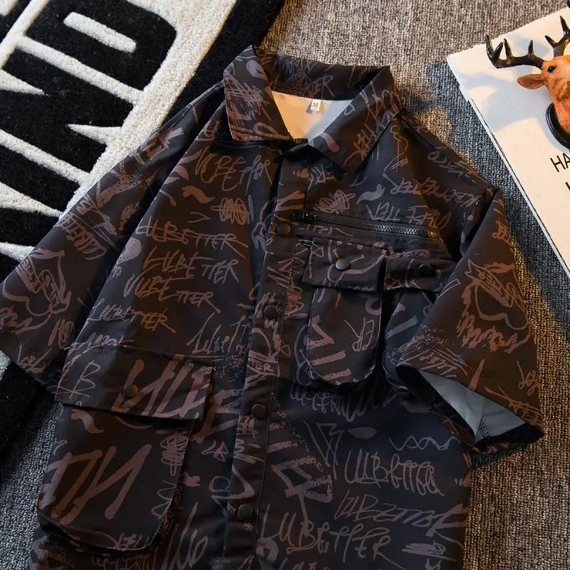 Men's workwear shirt, men's short sleeved summer Japanese style multi pocket design niche loose casual shirt streetwear