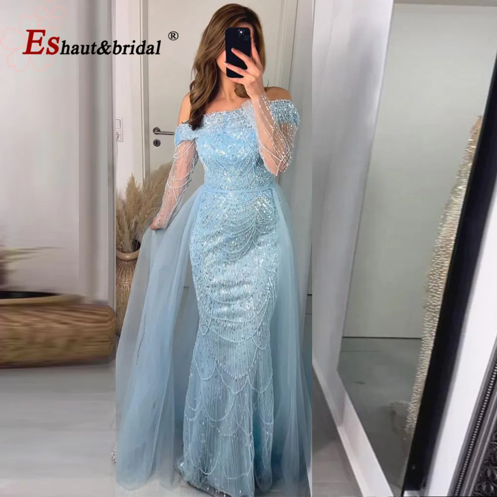 S320cf2537e9a4a3fa1530e14ffa9fda8M Elegant Sky Blue Mermaid Pearls Evening Dress for Women Long Sleeves with Detachable Train Formal Prom Wedding Party Gowns Mallzona