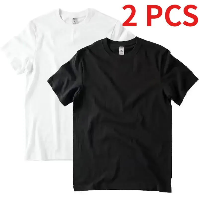 2pcs Solid Color T-shirt 100% Cotton Men Women White O-Neck Loose Short-sleeved Basic Models All-match T-shirt Couple Tops Black