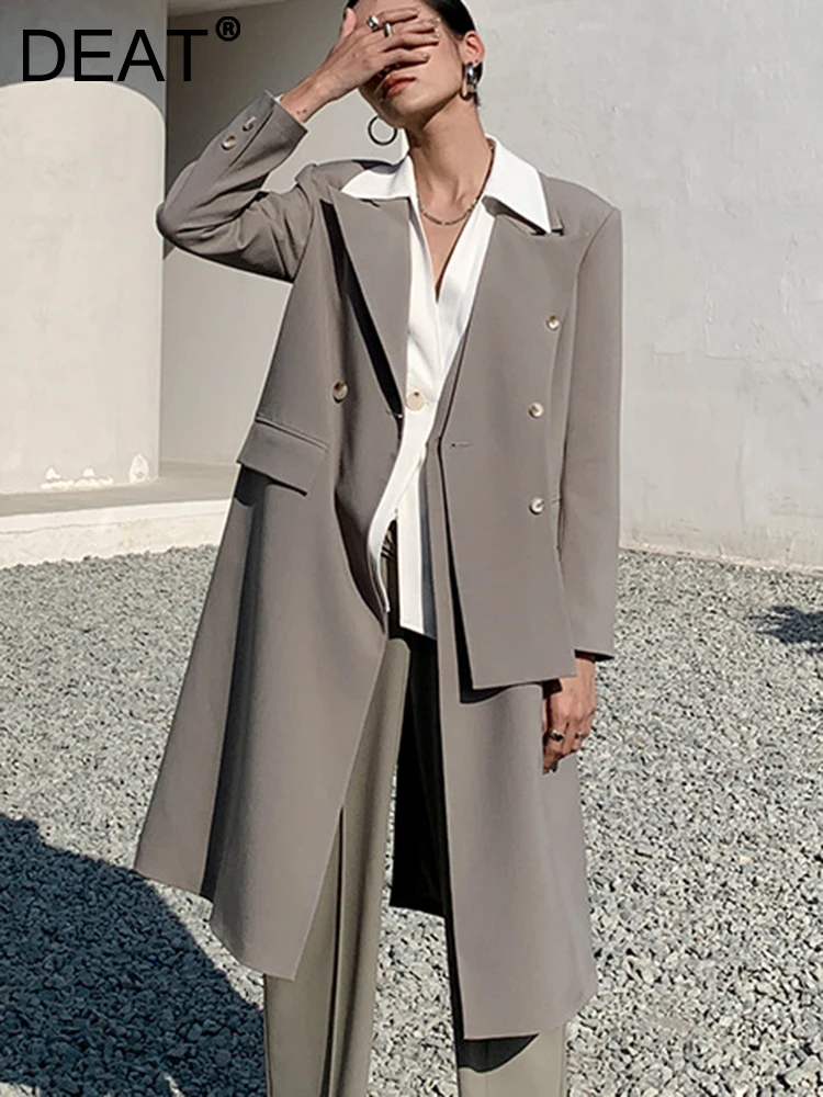 

DEAT Fashion Women's Trench Coat New Laple Loose Patchwork Single Button Long Sleeve Windbreaker Female Autumn 2024 17A2732