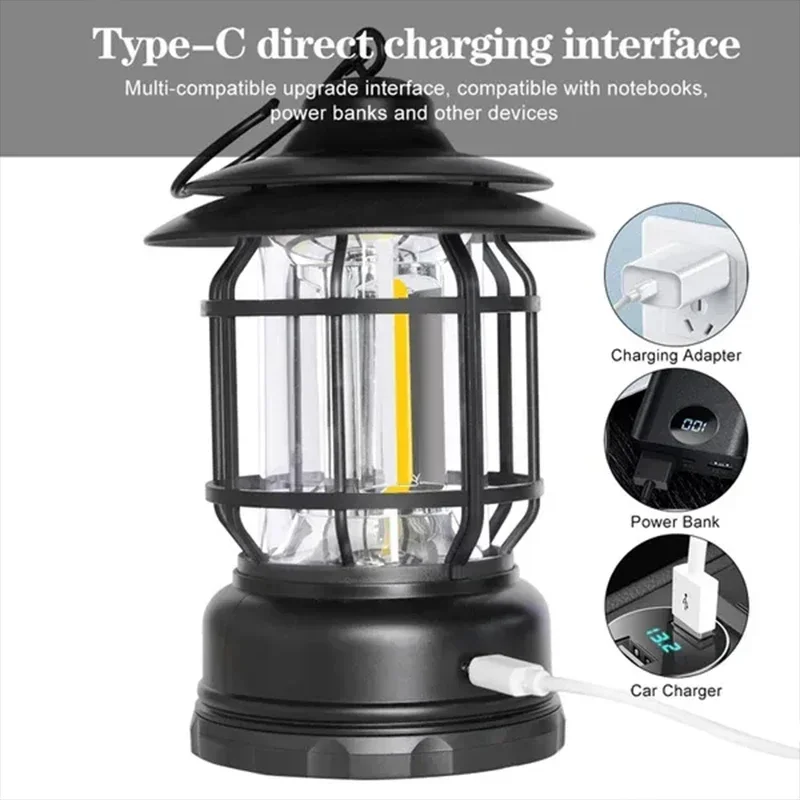 Description Picture 3 of item2Pack Camping Lantern USB Rechargeable Battery Powered Retro Camping Light Waterproof Hanging LED Tent Lamp for Hiking Fishing