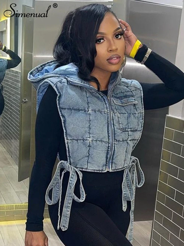 

Simenual Solid Bandage Hooded Padded Vest Women Denim Pocket Loose Zipper Jacket Ladies Fall Winter Vintage Streetwear Outerwear