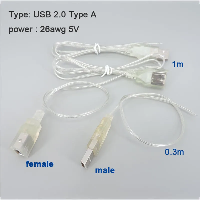 Кабель питания 0,3 м, 1 м, 5 В, USB, 2 контакта, тип А, штекер, гнездо 26awg, белый прозрачный кабель для зарядного устройства, удлинитель