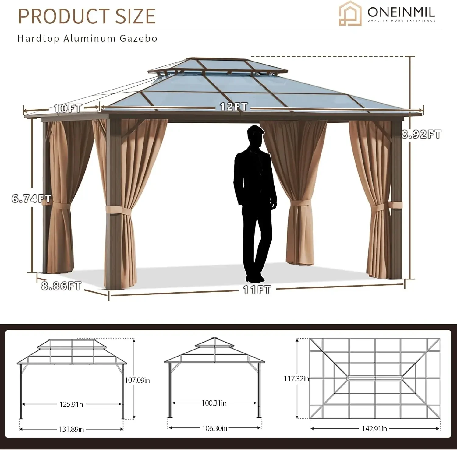 10'x12' Hardtop Gazebo with Netting and Curtains, Outdoor Gazebo with Aluminum Frame, Double Roof Canopy Party Tent for Patio 2