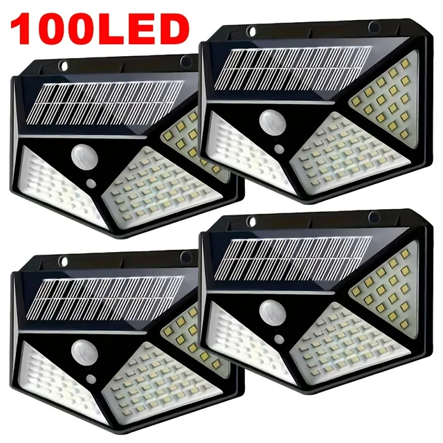 Lampe solaire de jardin extérieure 100 LED, lampes à détecteur de mouvement extérieures, lampe murale solaire étanche pour jardin, clôture, cour, allée, escalier 1