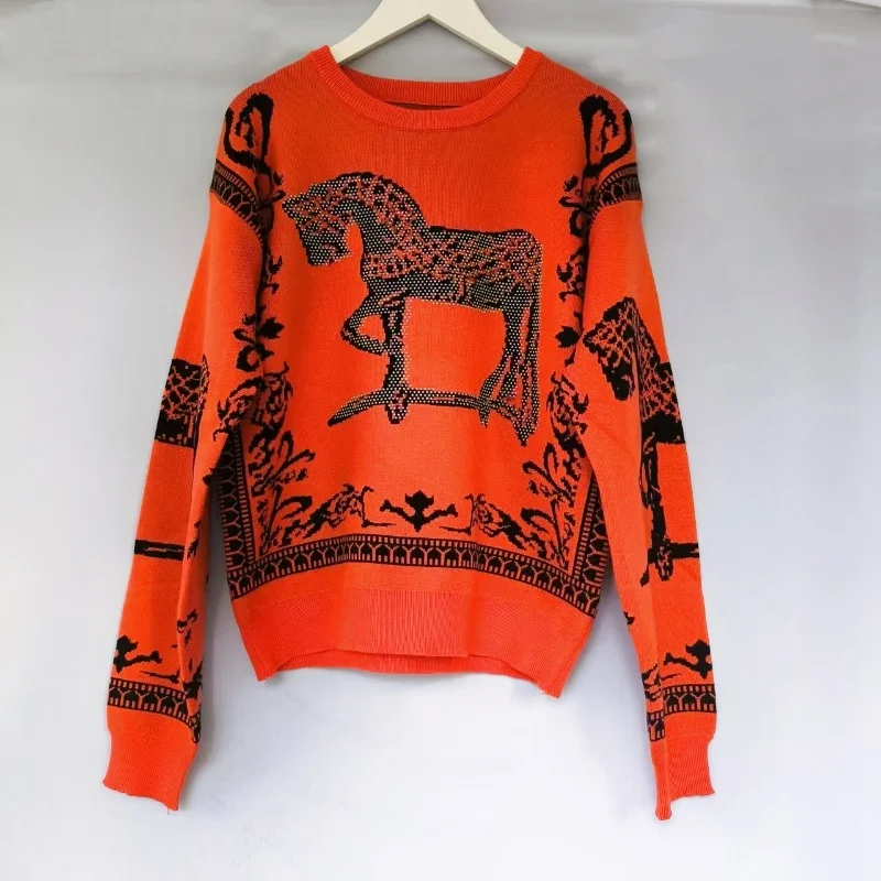 thumbnail image 1 of Suéter de punto Sandros para mujer, estilo francés Y2K, con imágenes de caballos y diamantes de imitación para otoño e invierno, ropa de diseñador de alta gama para mujer, 1 of 4