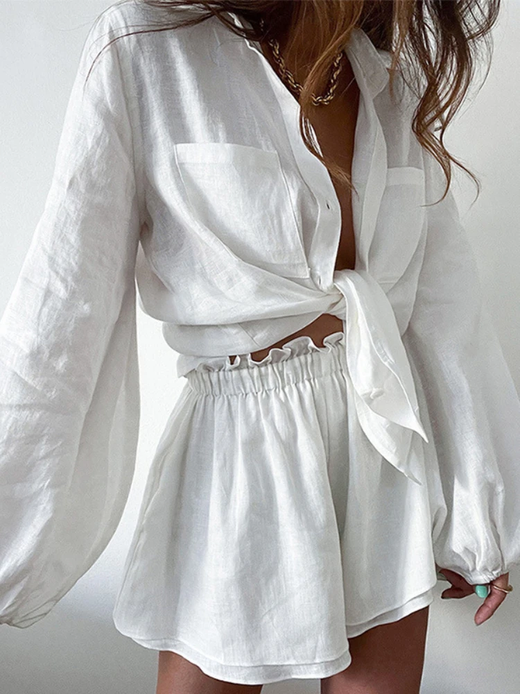 

Women's Shorts Set Solid Color Summer New 2023 Leisure Time Fashion Falbala Leather Pans Lantern Sleeve Shirt Women's Shirt Set