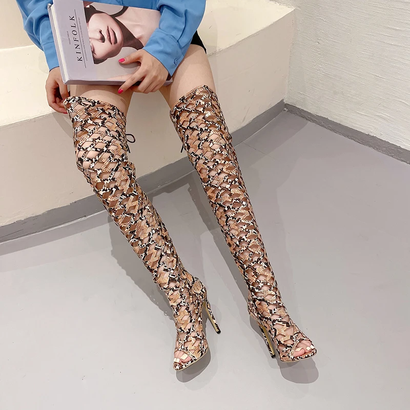 

Peep Toe Snake Pattern Woman Boots Hollow Lace Up Stiletto Heels Brown Summer Gladiator Shoes Over Knee Boots Sandal Boot Big 42