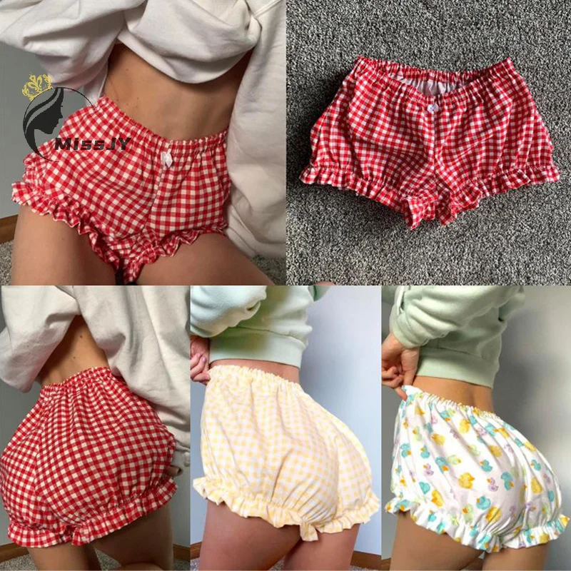 

Kawaii Y2k эстетические клетчатые шорты, женские милые пижамы с бантом, Короткие штаны для отдыха, штаны для сна, эластичная талия, повседневные спортивные шорты с рюшами