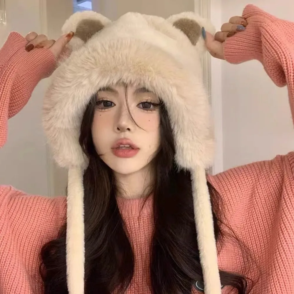 1pc Cute Warm Earflap Hat For Women, With Bear Ears And Plush Lined, Riding And Coldproof 3
