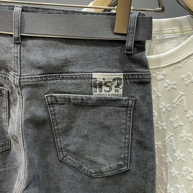 Denim Shorts for Men2024Summer New Fashion Brand Embroidered Black and Gray All-Match Casual Straight-Leg Slim-Fit Cropped Pants
