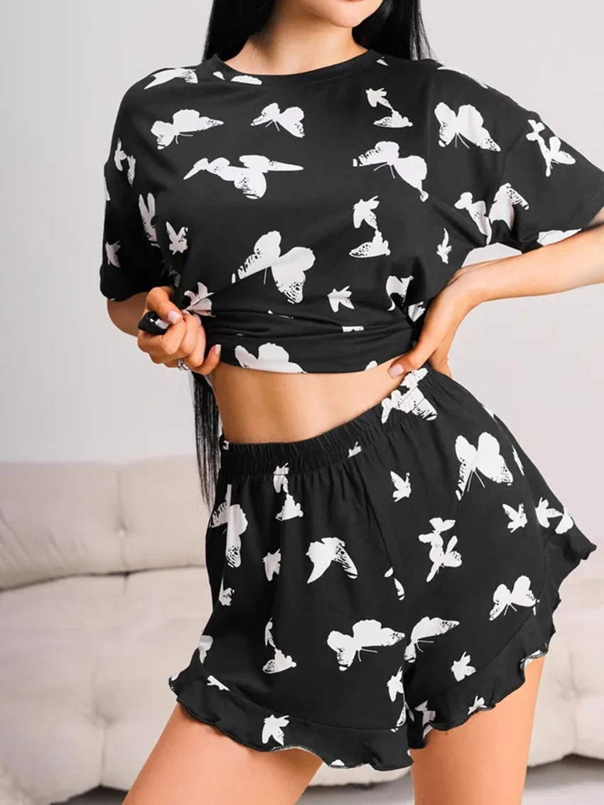 Marthaqiqi Printing Women'S Nightwear 2 Piece Set O-Neck Sleepwear Short Sleeve Nightgowns Shorts Summer Home Clothes For Ladies