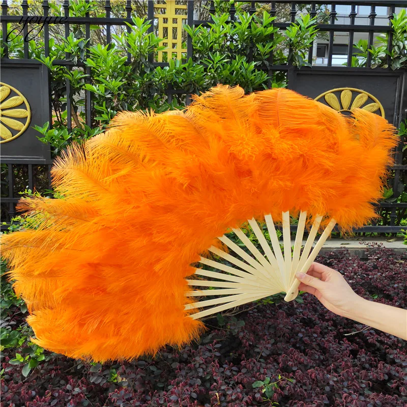 

High Quality 15 Bone Ostrich Feathers Fan Halloween Party Wedding Celebration Belly Dance Show DIY Decorative Orange Feather Fan