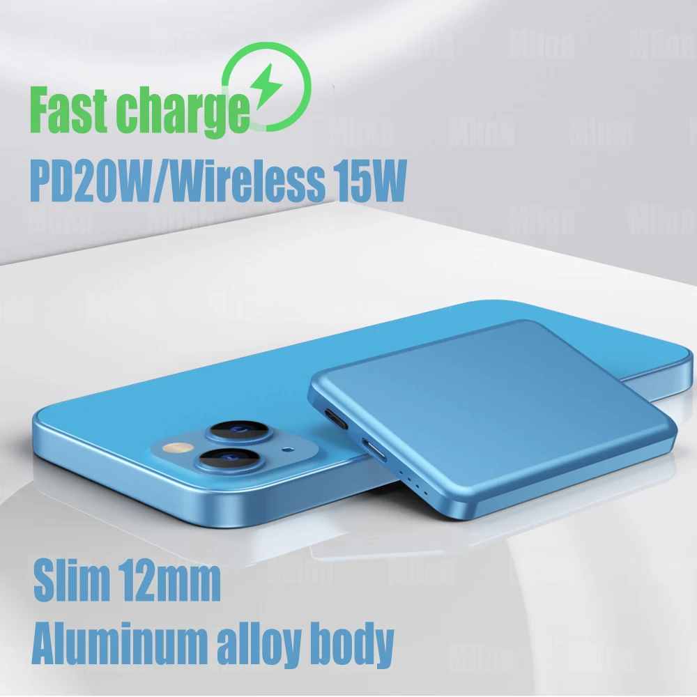 금속 얇은 맥세이프 마그네틱 보조베터리 외부 보조 배터리, 무선 보조배터리 5000mAh, 아이폰 12 13 14 15 미니용