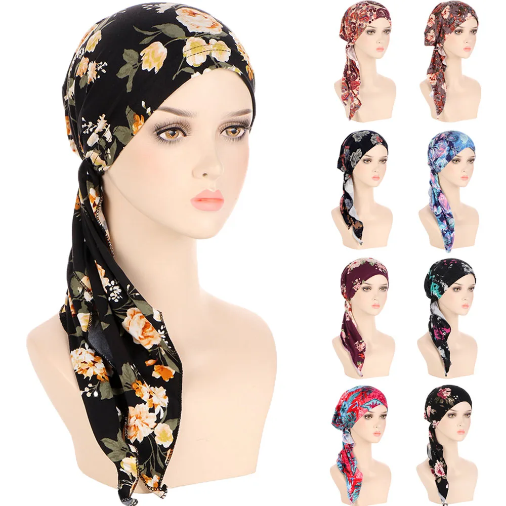 

Pre-Tied Womens Muslim Printed Hijab Hat Turban Cancer Chemo Caps Indian Beanie Head Wrap Scarf Cover Hair Loss Headwear Bonnet