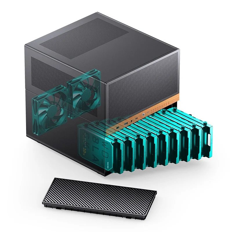 9개의 핫스왑 가능 베이가 있는 JONSBO N6 NAS 케이스는 ITX M-ATX 마더보드를 지원하며, 가정용 데이터 저장에 적합한 240mm 수냉식입니다.