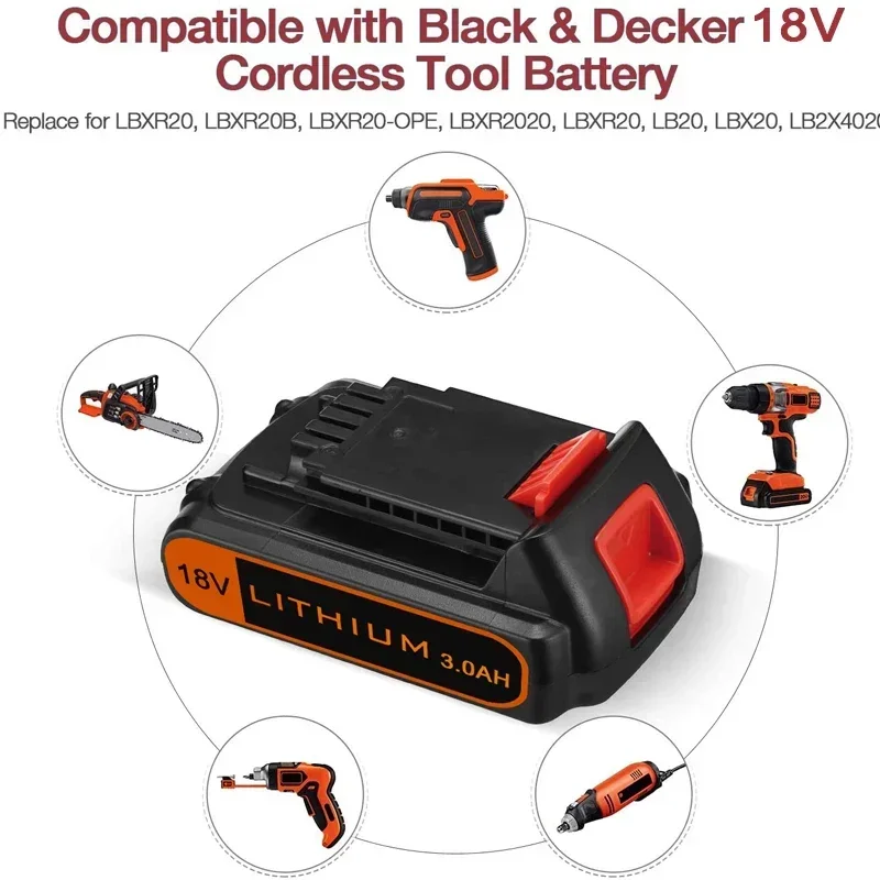 18V 2.0Ah 3.0Ah BL2018 Replacement for Black & Decker 20V Battery Max Lithium LBXR20 LB20 LBX20 LST220 LB2X4020 Cordless Tools power tool battery rechargeable battery battery replacement