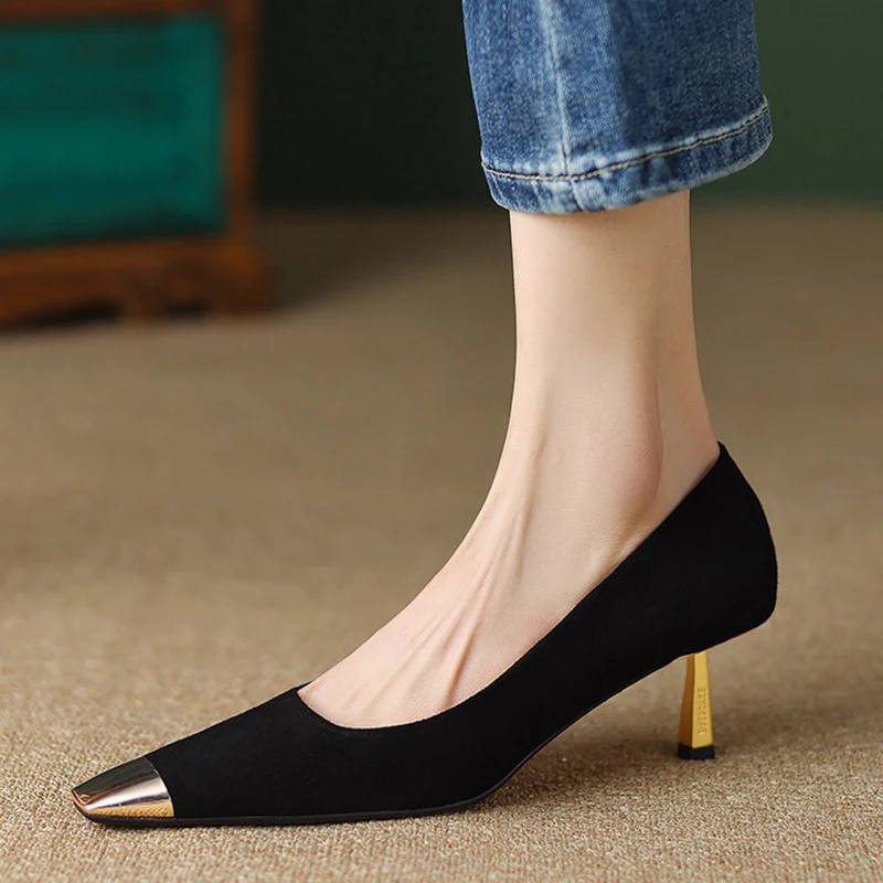 

Temperament Medium-heeled Shoes for Women New Style French Small Fragrant Metal Square Toe Thin Heel Shallow Mouth High Heels