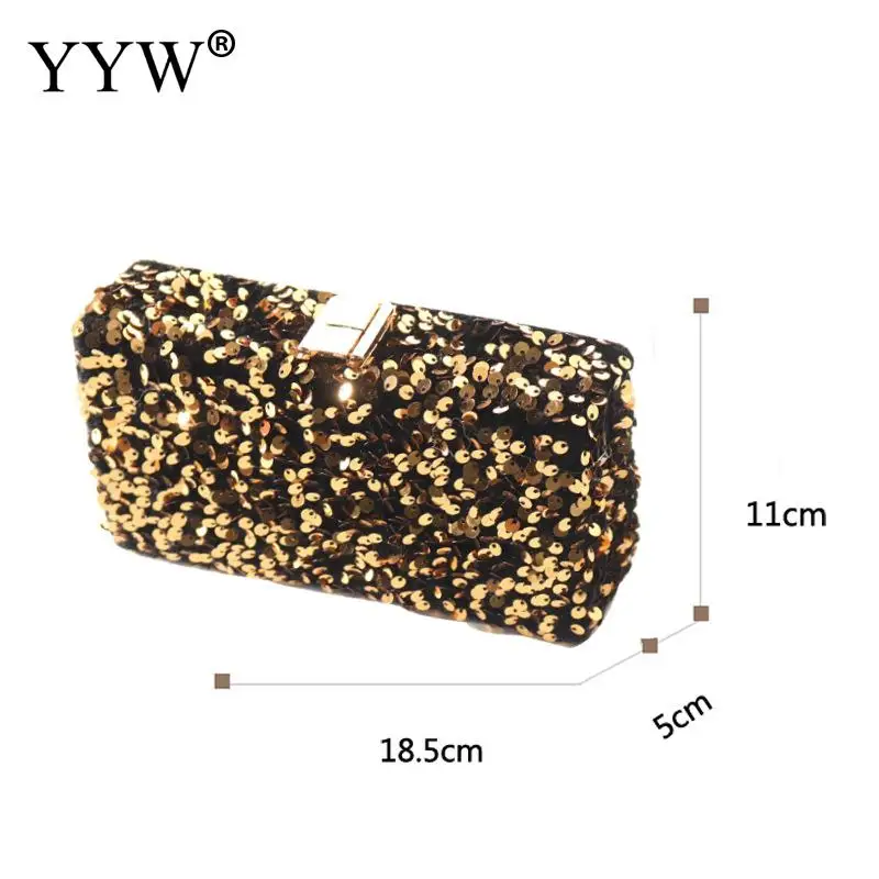 Luxury Bling Sequins Square Women Clutch Handbag Golden Metal Top Chain Handle Female Evening Party Cocktail Prom Purse Box Bag