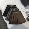 Vintage Woolen Mini Skirt Women with Belt Black Pleated Skirts Fall Winter Korean Preppy High Waist All Match A Line Skirt New 1