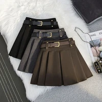 Vintage Woolen Mini Skirt Women with Belt Black Pleated Skirts Fall Winter Korean Preppy High Waist All Match A Line Skirt New 1