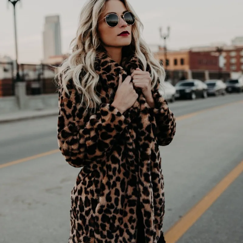 2023 Autumn Winter New Hot Selling Fashion Lapel Leopard Print Loose Long-sleeved Mid-length Commuter Imitation  Fur Coat Women