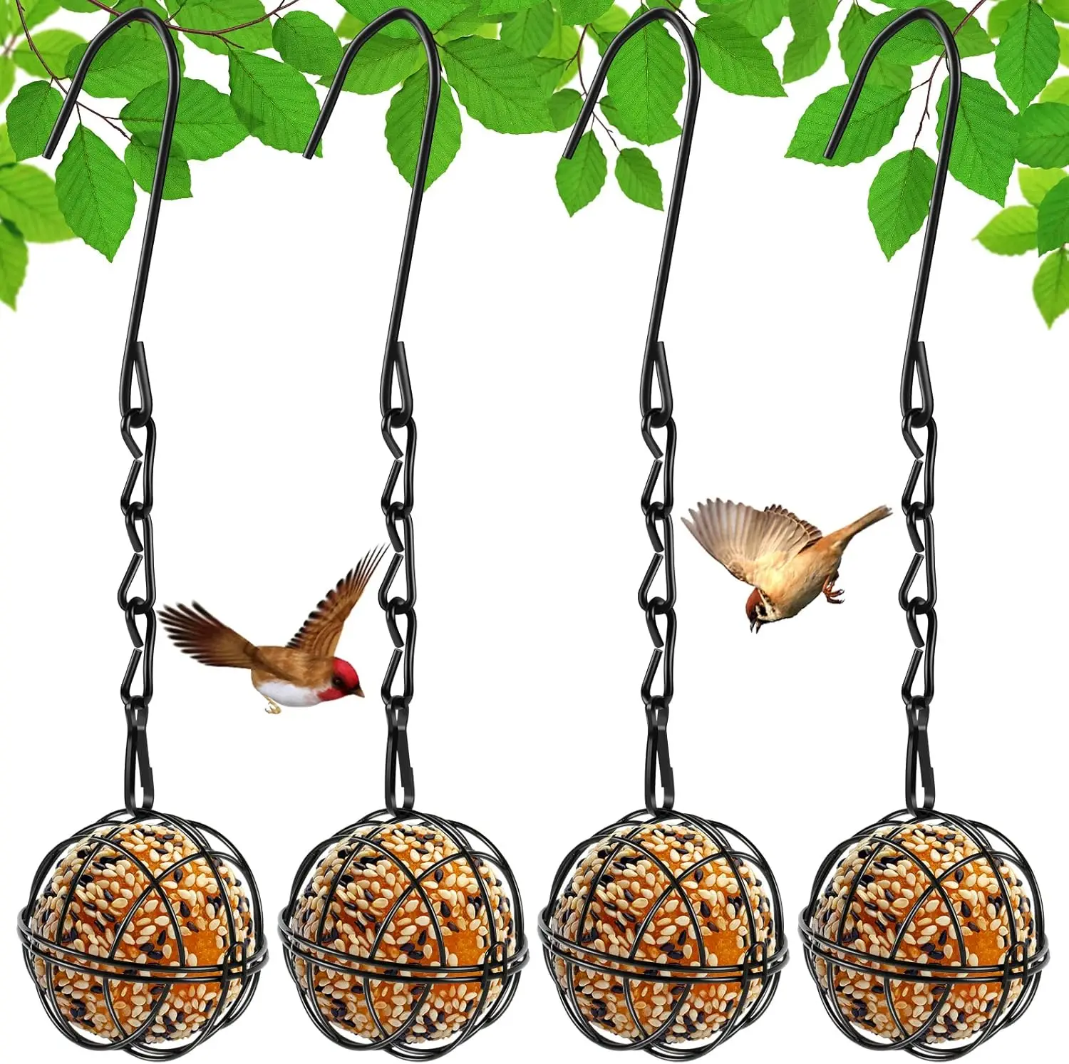 4-Piece Suet Ball Bird Feeder Set – Metal bird feeding station with hanging chain; outdoor, squirrel-proof design; suitable for wild birds and garden hanging.