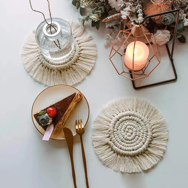 

Hand-woven Mats Tassel Cotton Yarn Fabrics Cushion for Afternoon Coffee Tea Creative Photo Shoots Photography Background Props