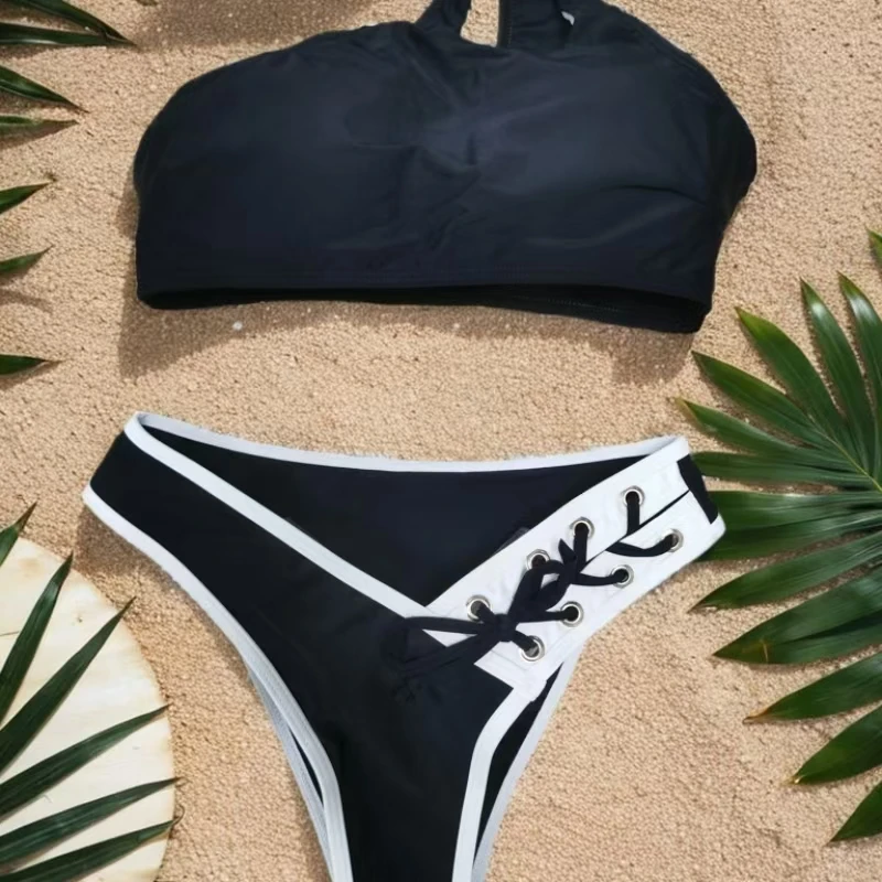 Sexy Swimsuit One-shoulder Black Bra High-waisted Briefs Two-piece Split Bikini