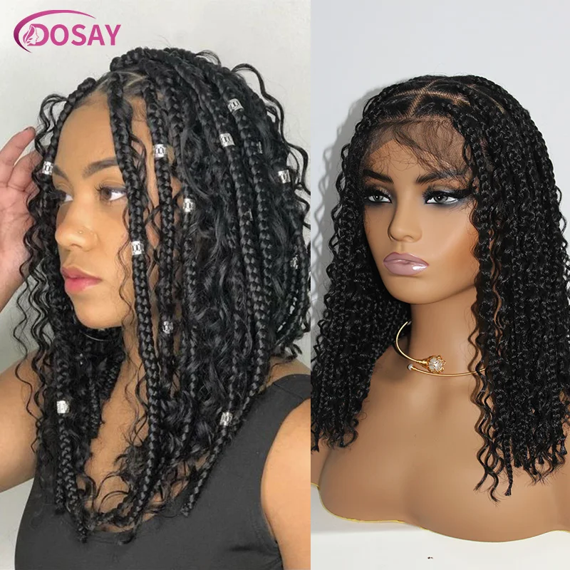 Goddess Boho Short Bob Wigs For Black Women 12 Inch Synthetic 360 Full Lace Frontal Braided Wigs Knotless Square Box Braids Wigs