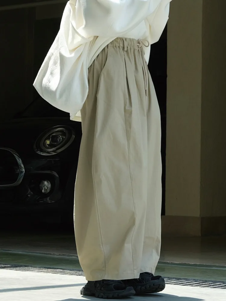 [LANMREM] Minimalism Drawstring Elastic High Waist Wide Leg Pants Women Fashion Casual Loose Trousers 2024 Spring New 26D6801